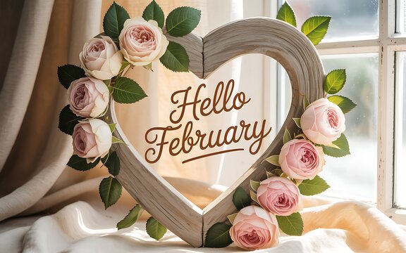 Romantic hello february heart decoration with pink roses near window