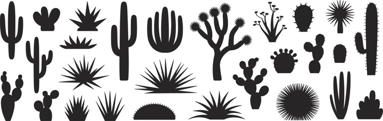 Black and white cactus and succulent illustration set featuring desert plants, silhouettes, agave, aloe, minimal botanical elements for nature design