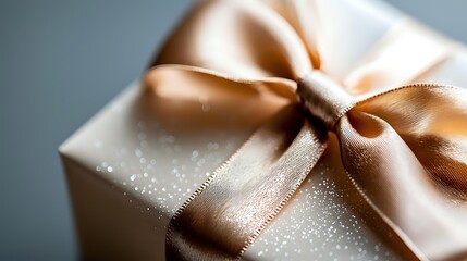 Elegant gift box wrapped in shimmering paper with luxurious golden satin ribbon bow for special occasions and celebrations.