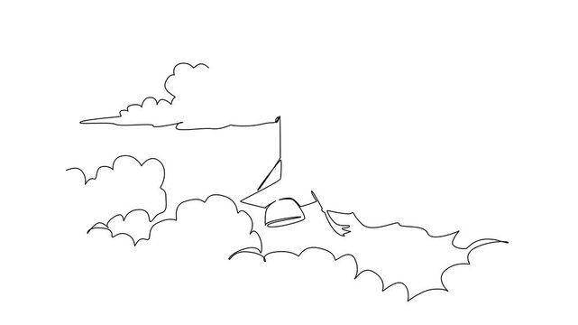 Self drawing animation of single line drawing of a graduation cap lifted by a balloon in the clouds, symbolizing National Higher Education Day with a creative concept of learning. Full length animated