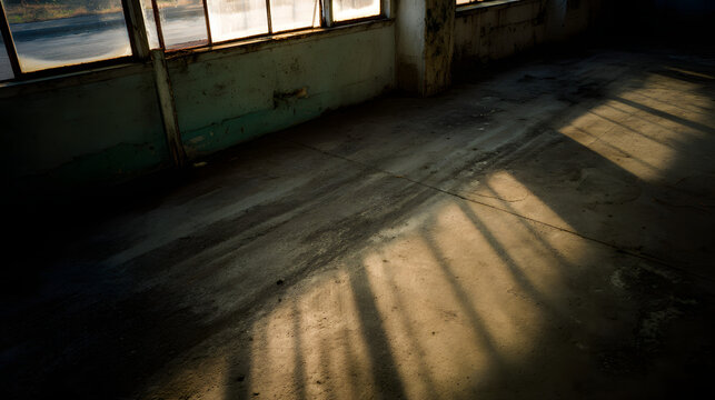 oligarchy. Urban ruin at dusk with soft light through a broken window onto a dusty floor. real-estate listings.