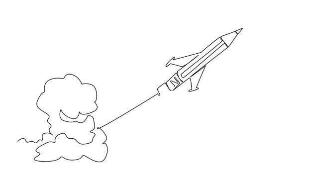 Animated self drawing of a creative single line drawing of a rocket shaped like a pencil blasting off, The power of knowledge and progress for National Higher Education Day. Full length animation