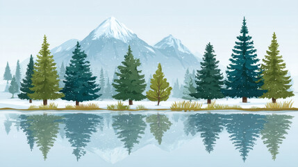 Serene winter landscape features peaceful mountain lake reflecting snow capped peaks and evergreen trees. tranquil scene is enhanced by calm water and gentle snowfall