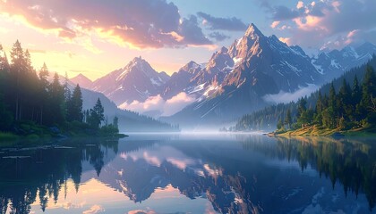 Mountain peaks mirrored in a serene lake, surrounded by dense forests under a vibrant, pastel-colored sky