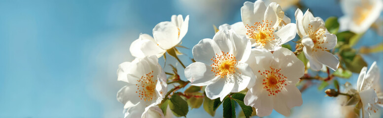 Obraz premium White wild rose spring blossom soft focus blue sky close up delicate petals golden stamen