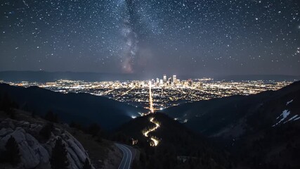 Mountain road leading to illuminated city under night sky with milky way. Time lapse or day to night transition concept for travel.
