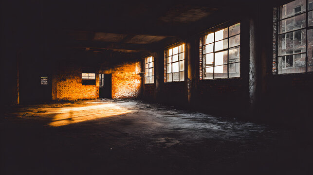 oligarchy. Urban ruin at dusk with soft light through a broken window onto a dusty floor. real-estate listings.