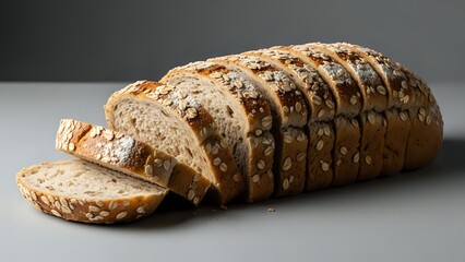 Freshly sliced multigrain bread loaf with seeds and grains on neutral background for bakery, healthy eating and food photography concepts.