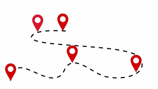 4k travel or tracking animation with red pin map point moving, marker add each checkpoint animation concept travel distance with gap line, for presenting map distance, travel, location, hiking