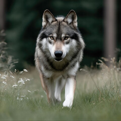 Obraz premium Wolf running through grassy meadow, focused expression, wild animal, natural habitat, green forest background, powerful movement
