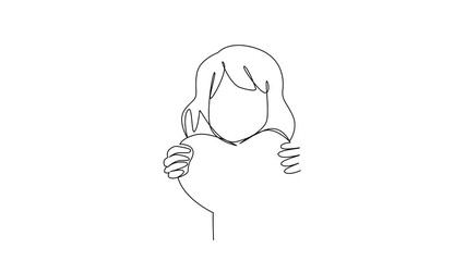 Self drawing animation of an elegant one line drawing of a girl holding a thank you heart letter, conveying love and appreciation in a minimalist style, Thank You Day. Full length animated