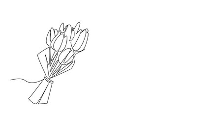 Animated self drawing of a one line drawing of tulips arranged in a bouquet with a thank you tag note paper, symbolizing a nature concept of elegance created for Thank You Day. Full length animation