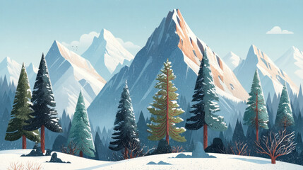 Snowy mountain range with pine trees covered in frost creates serene winter landscape. majestic peaks and frosty trees evoke sense of tranquility and natural beauty