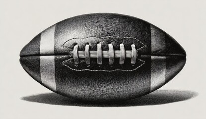 Detailed black and white an from north north american country football with textured surface, laces, and realistic shading