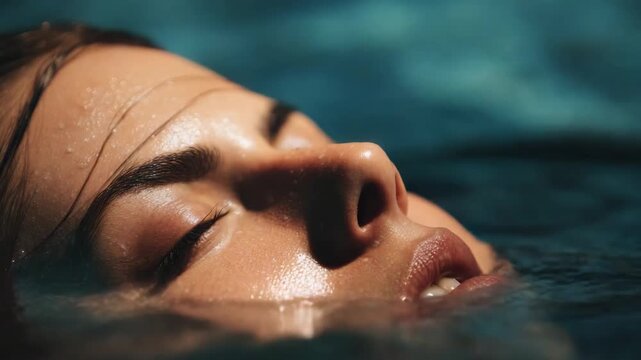 Woman's face submerged in water with closed eyes and open mouth