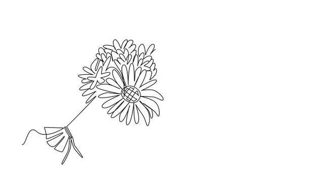 Self drawing animation of a continuous line drawing of a daisy bouquet with a thank you note tag paper, expressing a nature of beauty, symbolizing gratitude for Thank You Day. Full length animated