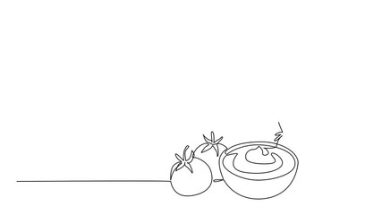 Animation of continuous line drawing of tomatoes beside a bowl of sauce, representing food and nutrition with nature concept, themed for World Tomato Day event celebration. Full length motion