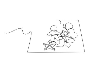 Animated self drawing of single line draw illustration showing cookie cutters shaped like gingerbread men, stars, and hearts on a baking tray, National Gingerbread Cookie Day. Full length animation