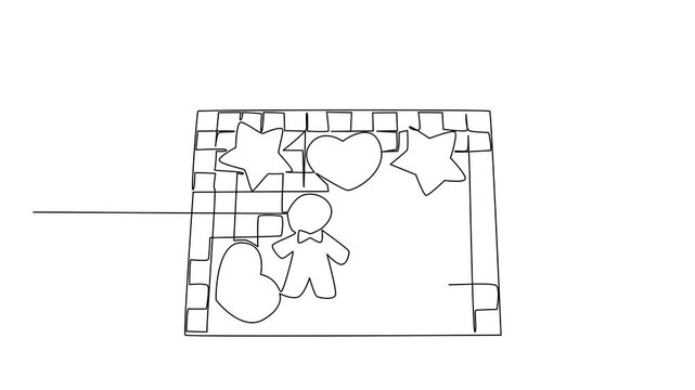 Self drawing animation of continuous line drawing illustration of assorted gingerbread cookies including stars, hearts, and human shapes on tray, National Gingerbread Cookie Day. Full length animated - Powered by Adobe