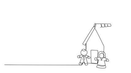 Self drawing animation of continuous line drawing depicting a gingerbread man and woman standing beside decorated gingerbread house, designed for National Gingerbread Cookie Day. Full length animated