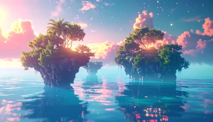 Poster Reflectie Fantasy serene seascape floating isles with lush trees under a pastel sunset sky, reflected in calm water  © nafa