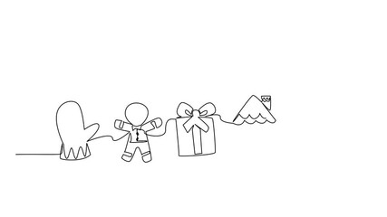 Animation of single line draw illustration featuring a gingerbread man cookie with mitten, gift box, gingerbread house, and snowman, created for National Gingerbread Cookie Day. Full length motion