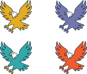 Colorful eagle illustration set featuring stylized flying birds, bold graphic shapes, modern logo elements perfect for branding, mascots, nature and wildlife designs