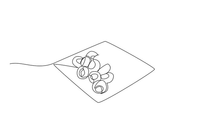Self drawing animation of a single line drawing of multiple sausage rolls stacked on a square plate, drawn in a clean vector style. Food artwork honors National Sausage Roll Day. Full length animated