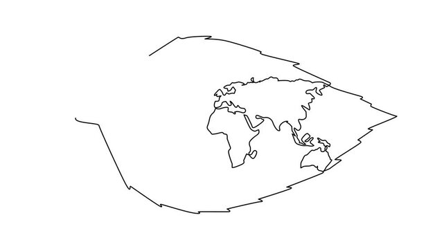 Self drawing animation of single line drawing of a world map inside a leaf represents nature under World Environment Day, environment through sustainability and conservation. Full length animated
