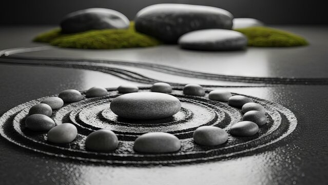 Zen Garden Arrangement of Smooth Stones and Raked Sand Patterns