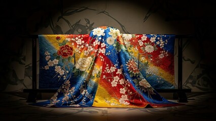 Fototapeta premium Vibrant Silk Kimono Displaying Intricate Floral Patterns