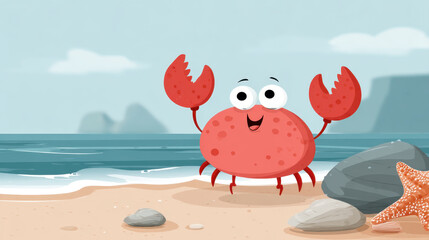 Cheerful cartoon crab with raised claws stands on sandy beach, surrounded by rocks and starfish, with ocean and distant cliffs in background