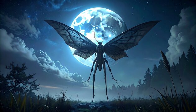 Giant moth-like creature standing in a field at night under a bright moon, trees and grass in the background