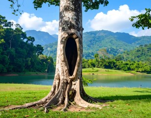 Tree with a hole, lake, and mountains. Lush forest, sunny day
