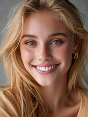 Blonde woman blue eyes natural makeup smiling freckles gold earring closeup portrait cheerful