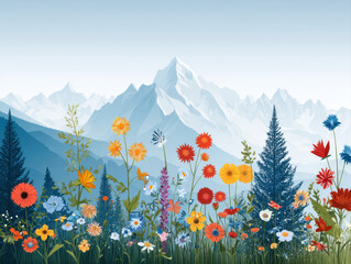 Fototapeta premium Vibrant alpine meadow with colorful flowers in flat design, set against majestic snow capped mountains, creating serene and picturesque landscape