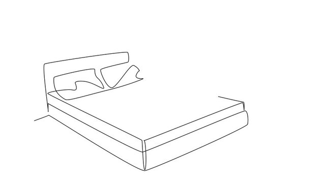Self drawing animation of continuous line drawing of a woman making the bed, adjusting pillows with precision, designed as a health concept for National Old Maids Day theme. Full length animated