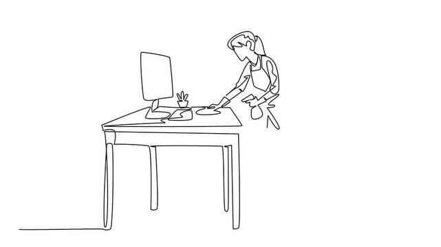 Self drawing animation of continuous line drawing of a woman cleaning work office desk with spray and cloth, created as a business concept for National Old Maids Day theme. Full length animated