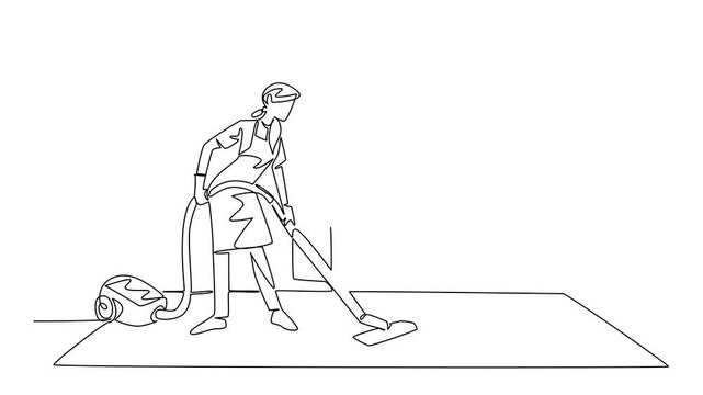 Animation of continuous line drawing of a woman vacuuming carpet in living room, reflecting household effort, order, created as an industry concept for National Old Maids Day. Full length motion