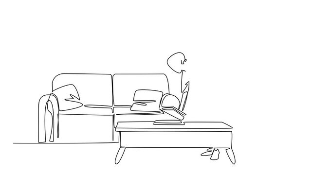 Animation of single line drawing of a woman tidying cushions in the living room, symbolizing order, neatness, and dedication to home care, National Old Maids Day. Full length motion