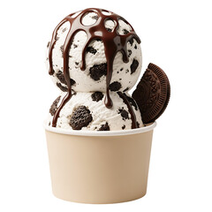 A delicious ice cream dessert with chocolate sauce and cookies in a cup isolated on a transparent background