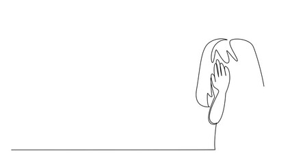 Self drawing animation of continuous line draw of a young girl covering her face in sadness. Pain of suffering, International Day of Innocent Children Victims of Aggression. Full length animated