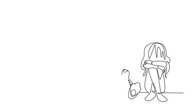 Animated self drawing of one line draw of sad girl sitting with her stuffed rabbit doll, as a psychology concept for International Day of Innocent Children Victims of Aggression. Full length animation