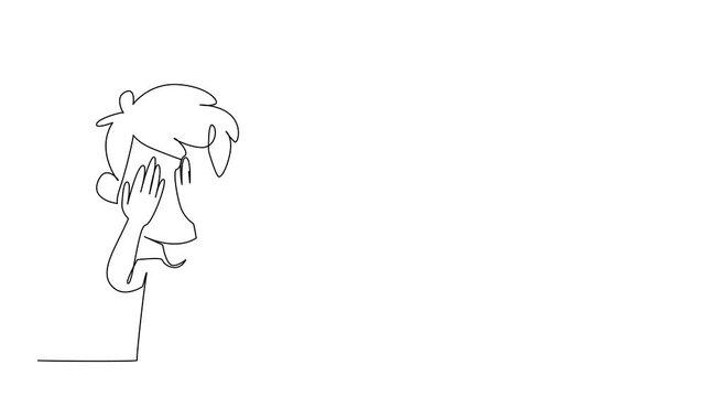Animated self drawing of one line draw of a young boy covering his face, representing the pain and trauma of children affected,  International Day of Innocent Children Victim. Full length animation
