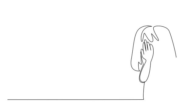 Self drawing animation of continuous line draw of a young girl covering her face in sadness. Pain of suffering, International Day of Innocent Children Victims of Aggression. Full length animated