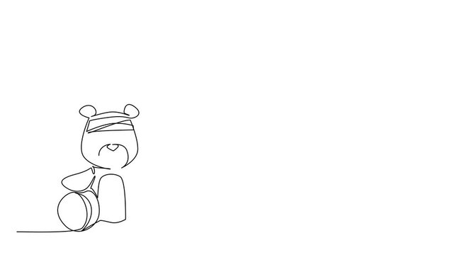 Animated self drawing of continuous line drawing of a teddy bear with head bandage, used as a psychology concept for International Day of Innocent Children Victims of Aggression. Full length animation