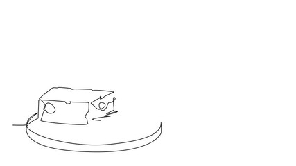 Self drawing animation of one line drawing of cheese slice with cubes on a plate, created as a food concept for National Cheese Day celebration, highlighting dairy industry. Full length animated