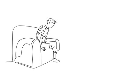 Self drawing animation of continuous line drawing illustrating World Day for Assistive Technology, showing a man helping another man with prosthetic leg fitting on sofa. Full length animated
