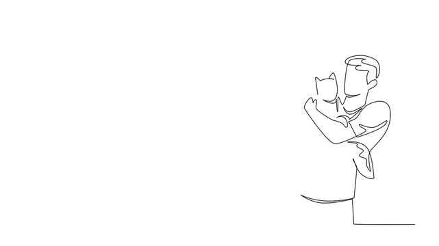 Animation of a continuous line drawing vector of a young man hugging his cat closely, made for National Hug Your Cat Day, showing affection, trust, and warmth in a minimalist pet. Full length motion