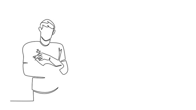 Animated self drawing of a single line drawing illustration of a young man gently holding a cat, celebrating National Hug Your Cat Day with love and comfort, in warm animal care. Full length animation - Powered by Adobe